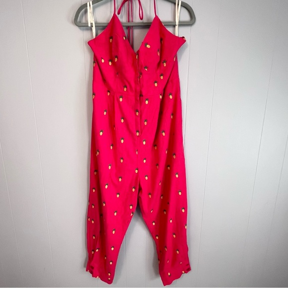 Farm Rio Embroidered Pineapples Red Jumpsuit size L linen blend halter top - Picture 2 of 16